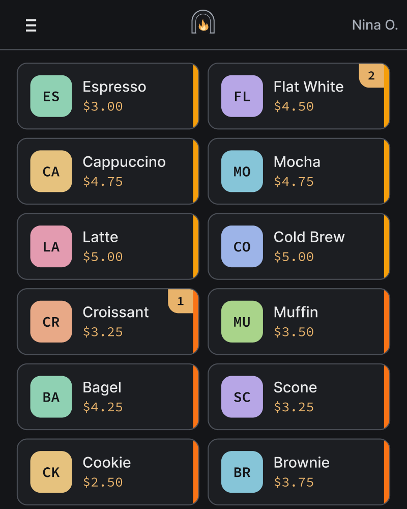 The register on a phone: menu tiles with prices